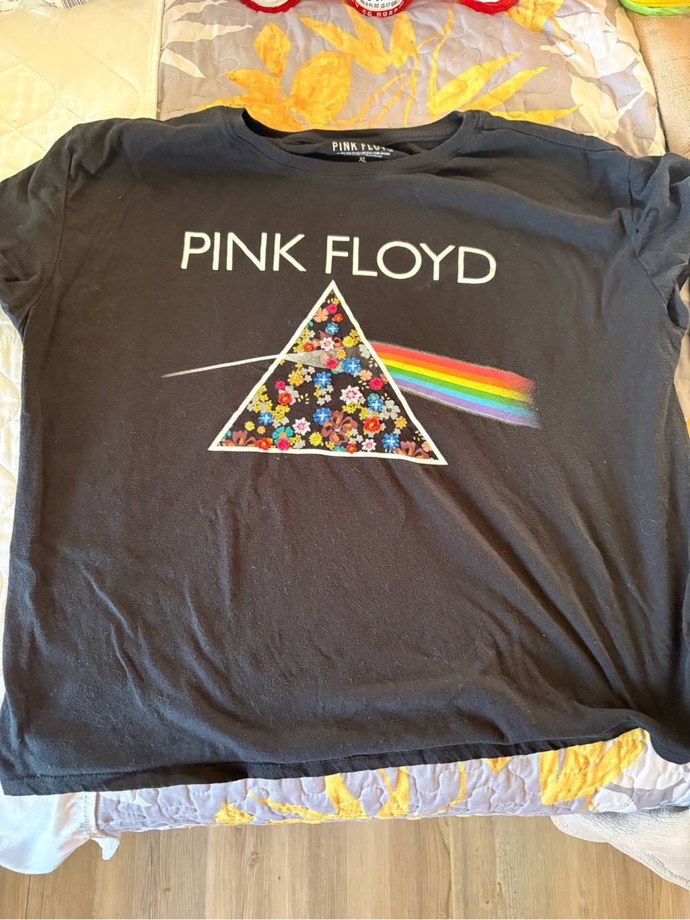 Pink Floyd Black Tee with Rainbow Prism and Floral Triangle
